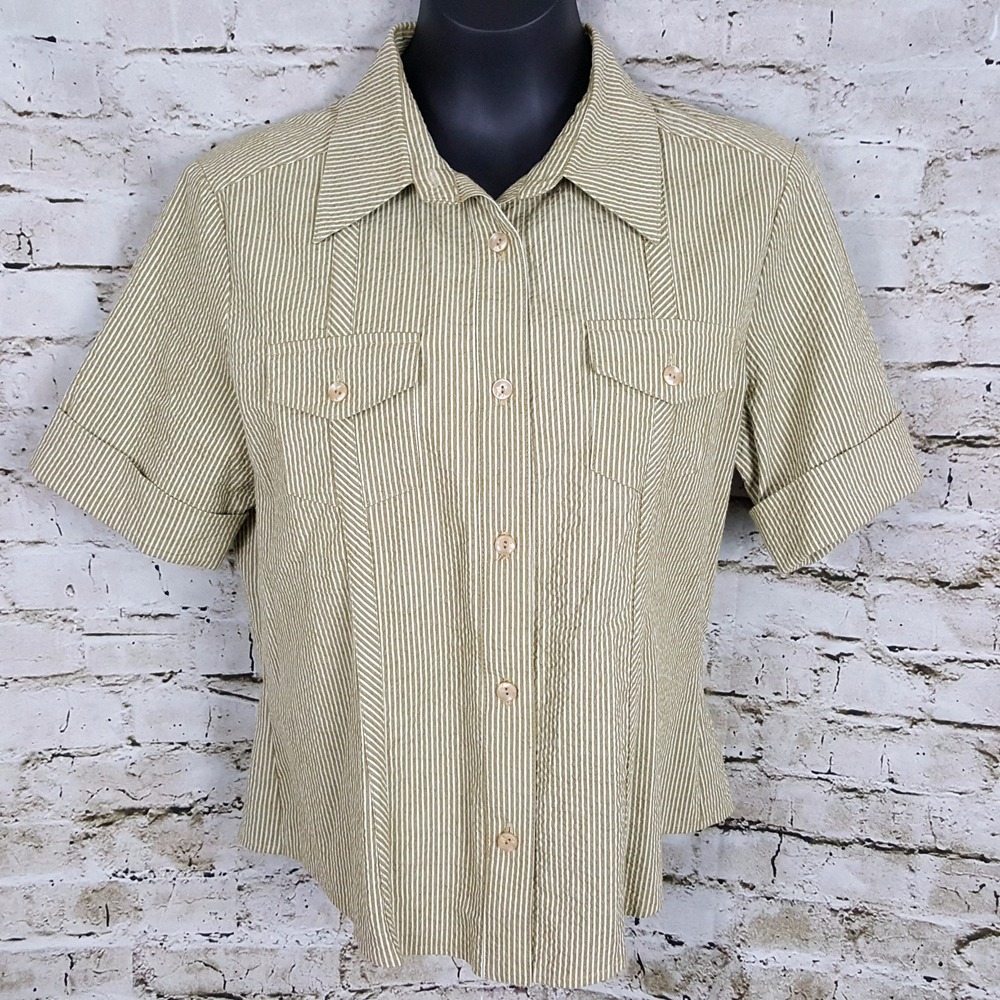 Harve Benard Womens Size 12 Striped Cuffed Sleeve Button Up Shirt Brown